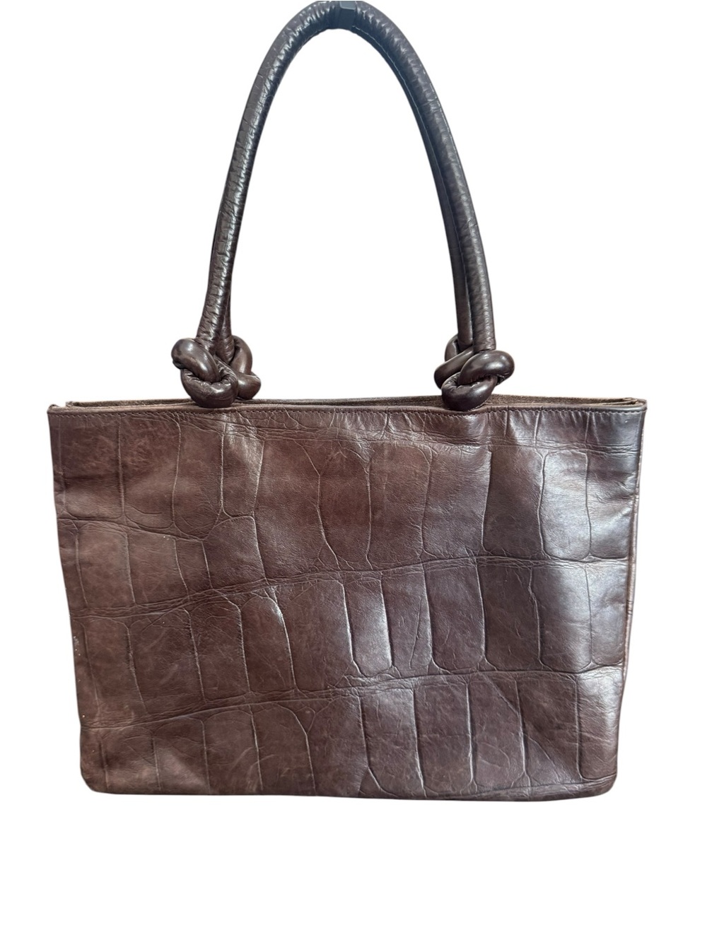 Croc-Embossed Dark Brown Leather Tote with Knotted Handles